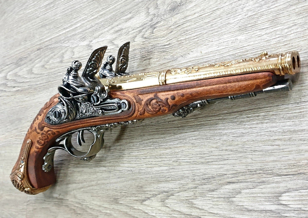 Napoleon double-barrel flintlock pistol replica by Denix, with twin cocks and brass barrels
