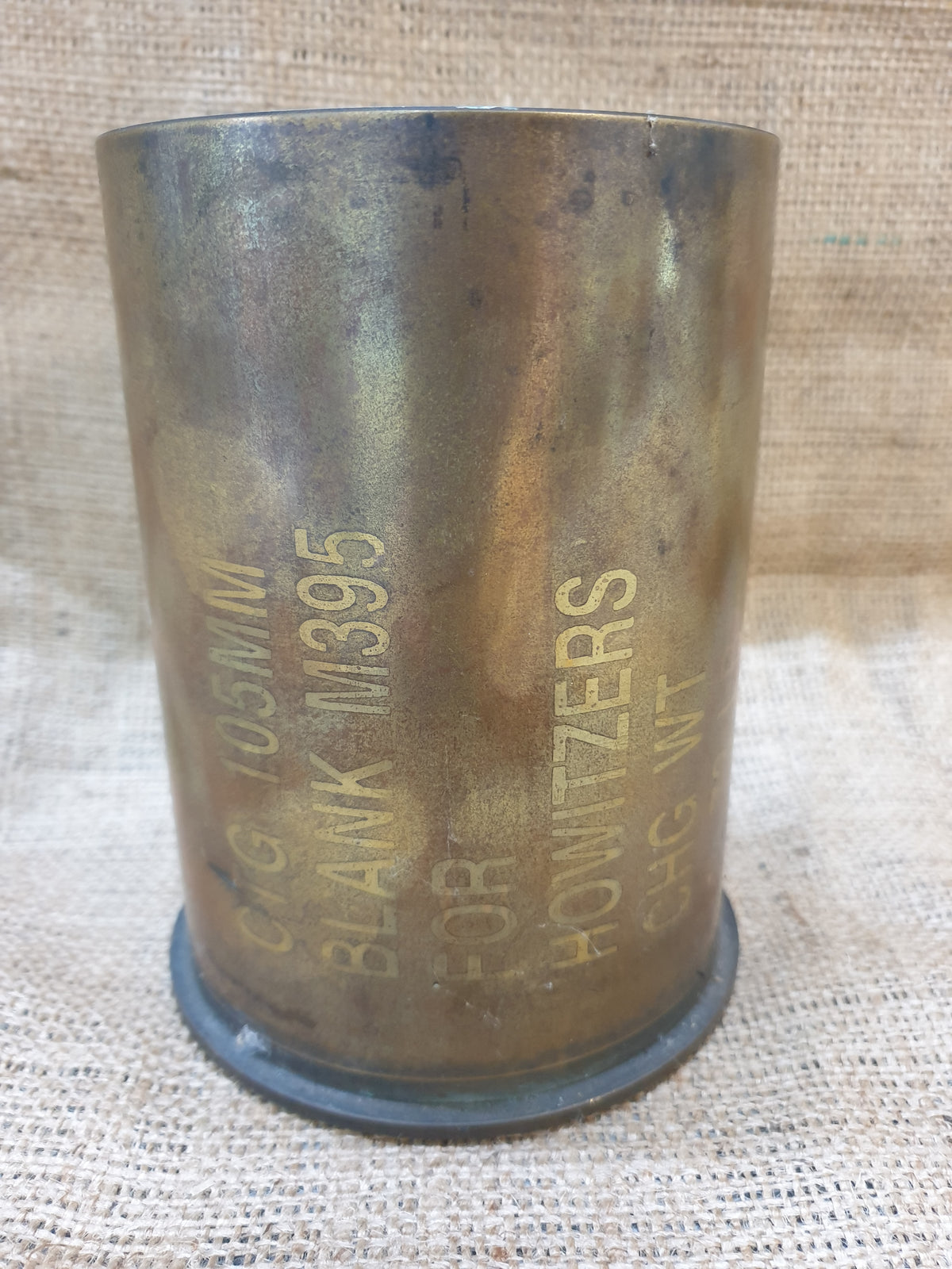 105mm Howitzer Blank Cartridge Case (M395), Brass, side with its stamping