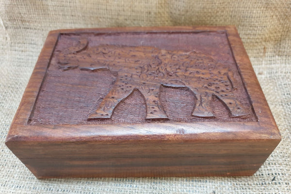 Elephant Hand Carved Hinged Wooden Box