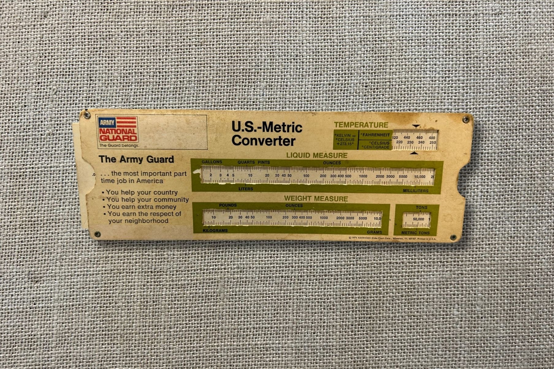 U.S. Army National Guard Metric Converter Slide Rule - Collectors Armoury