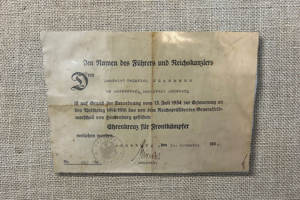 WWI German Honour Cross Certificate