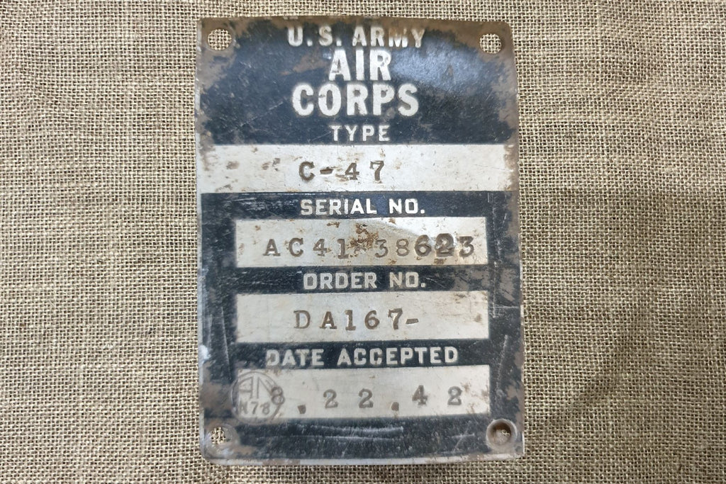U.S. Army Corps Douglas C-47 Dakota Aircraft Data Acceptance Plate