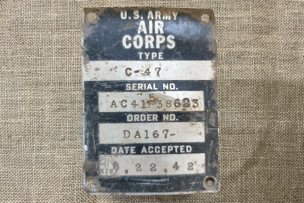 U.S. Army Corps Douglas C-47 Dakota Aircraft Data Acceptance Plate