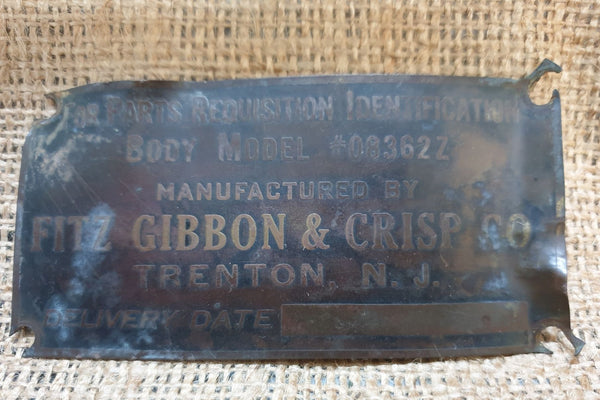 Vintage Collectable Fitz Gibbon & Crisp Model 083622 Name Plate