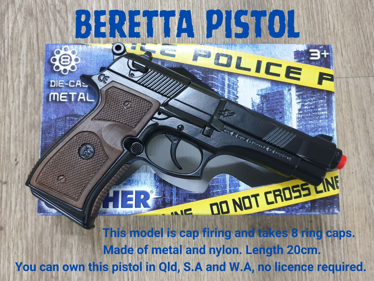 Beretta-Style Police 8-Shot Cap Gun, on its packaging card