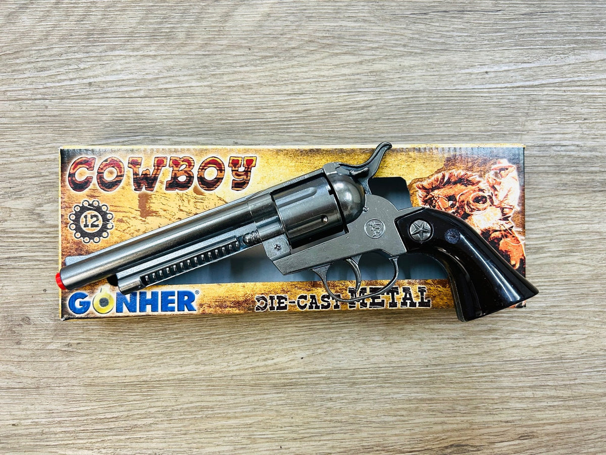 Colt Peacemaker-Style 12-Shot Cap Gun (Silver), in its box
