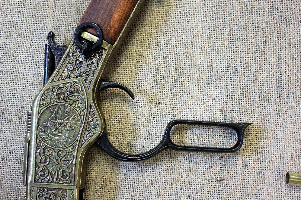 Winchester 1873 Carbine Replica, Engraved (Brass), engraved receiver and lever, close up