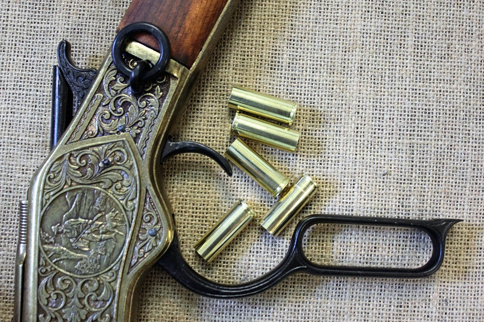 Winchester 1873 Carbine Replica, Engraved (Brass), engraved receiver with brass cases