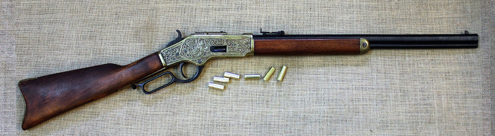 Winchester 1873 Carbine Replica, Engraved (Brass), full length with brass cases