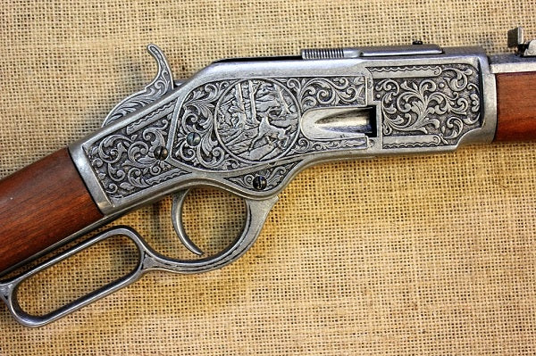 Winchester 1873 Carbine Replica, Engraved (Silver-Grey), engraved receiver, close up