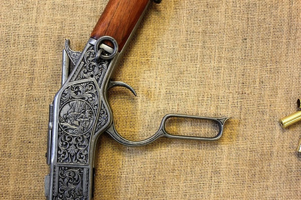 Winchester 1873 Carbine Replica, Engraved (Silver-Grey), lever open