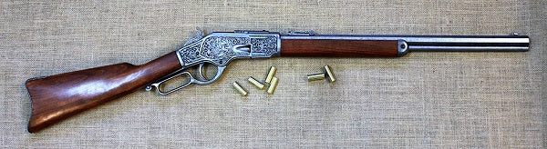 Winchester 1873 Carbine Replica, Engraved (Silver-Grey), full length with brass cases
