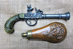 Bell-Mouth Box-Lock Flintlock Pistol Replica, side view with a copper powder flask