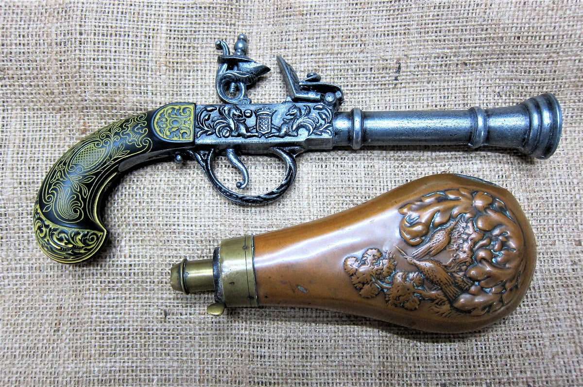 Bell-Mouth Box-Lock Flintlock Pistol Replica, side view with a copper powder flask