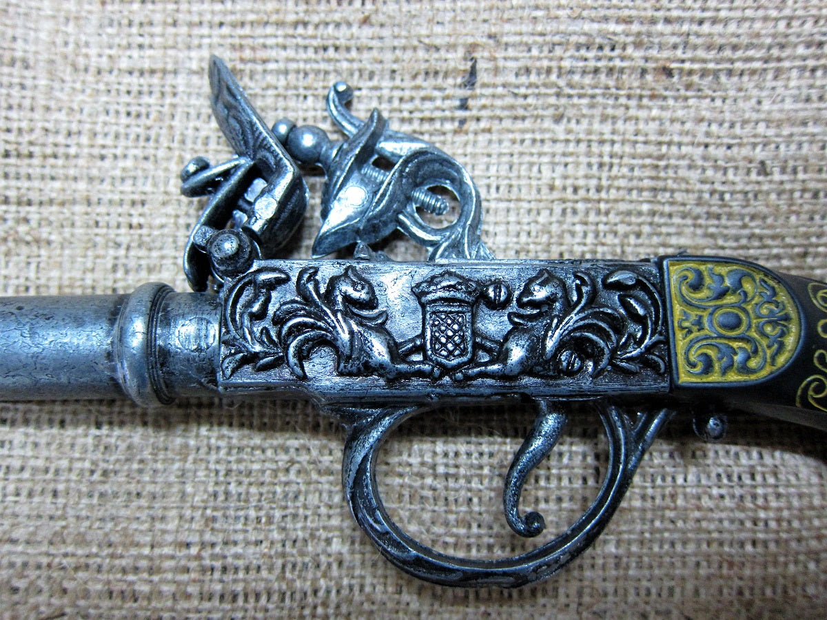 Bell-Mouth Box-Lock Flintlock Pistol Replica, box-lock and engraved frame, close up