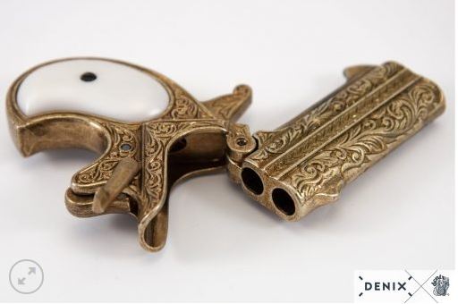 Double-Barrel Derringer 1866 Replica Pistol (Engraved Brass), barrels tipped open, maker's photo