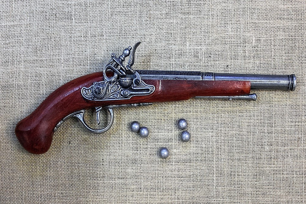 Hadley 1760 Flintlock Pistol Replica, side view with lead balls