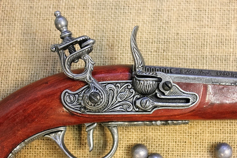 Hadley 1760 Flintlock Pistol Replica, lock, close up
