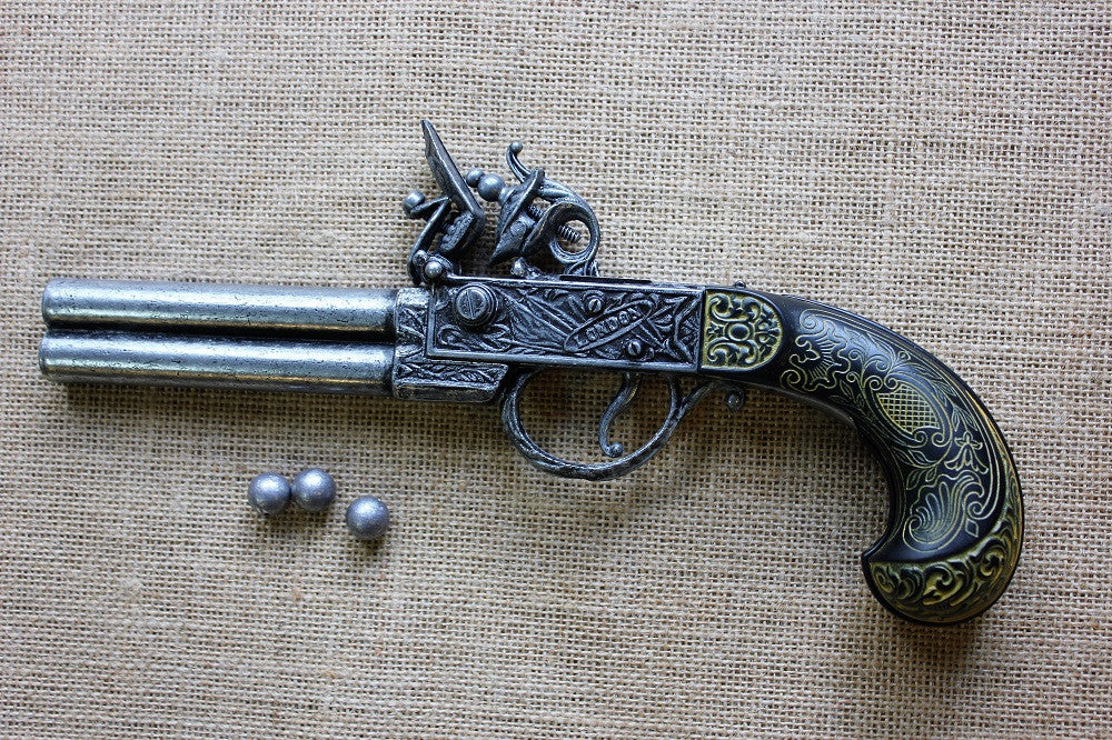 London Double-Barrel Flintlock Boxlock Pistol Replica, right side