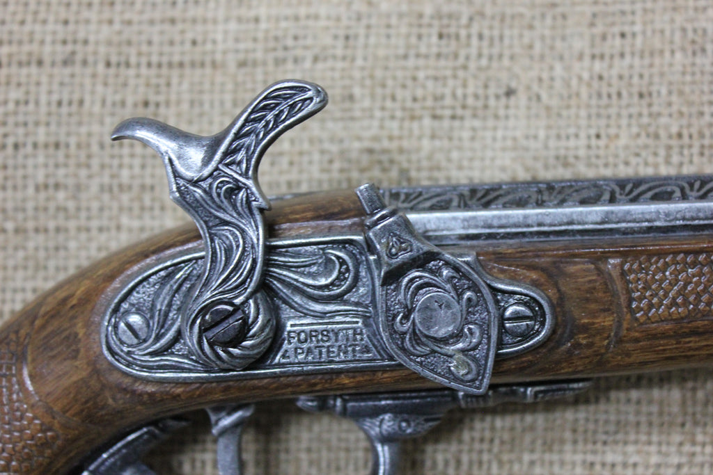 Paris Percussion Pistol Replica, lock detail with the Forsyth patent mark
