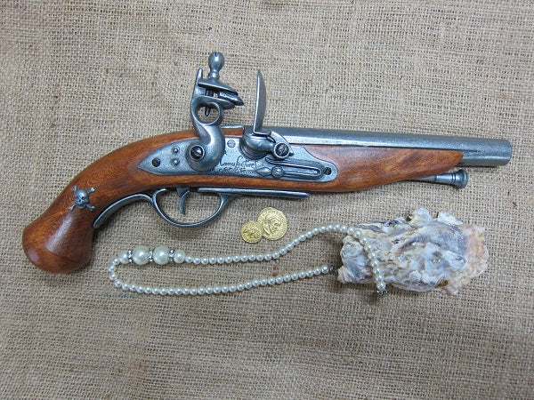 French Pirate Flintlock Pistol Replica, 18th Century, right side with pearls, coins and a shell