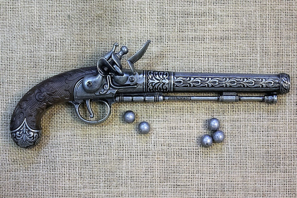 Liège Flintlock Pistol Replica, Late 18th Century, side view with lead balls