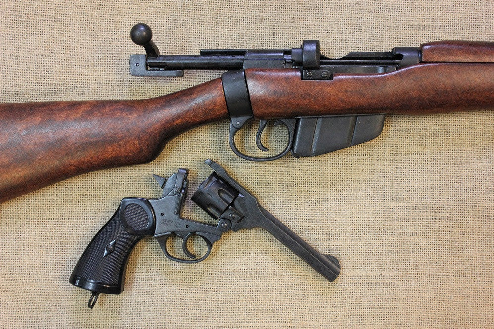 Lee-Enfield SMLE Mk III .303 Replica Rifle, bolt open, with a Webley revolver replica