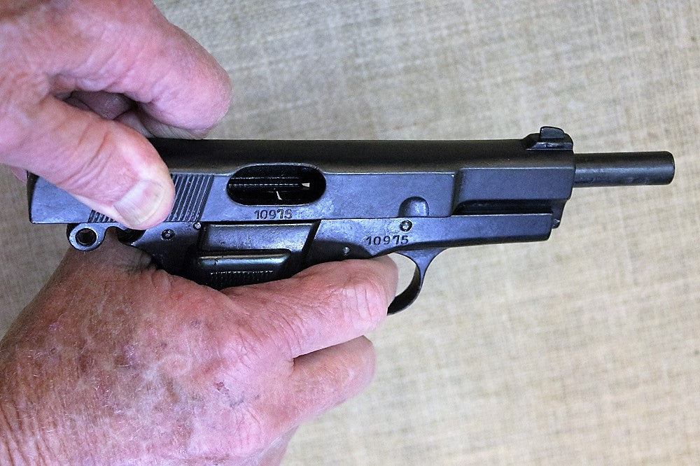 Browning Hi-Power 9mm Replica Pistol, slide pulled back