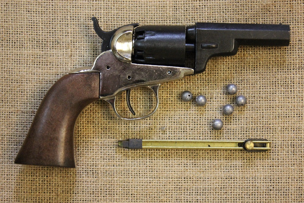 Colt 1849 Pocket Revolver Replica (Wells Fargo Model), side view with lead balls and a loading tool