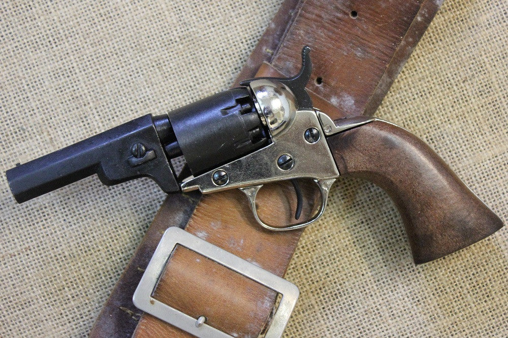 Colt 1849 Pocket Revolver Replica (Wells Fargo Model), on a leather belt