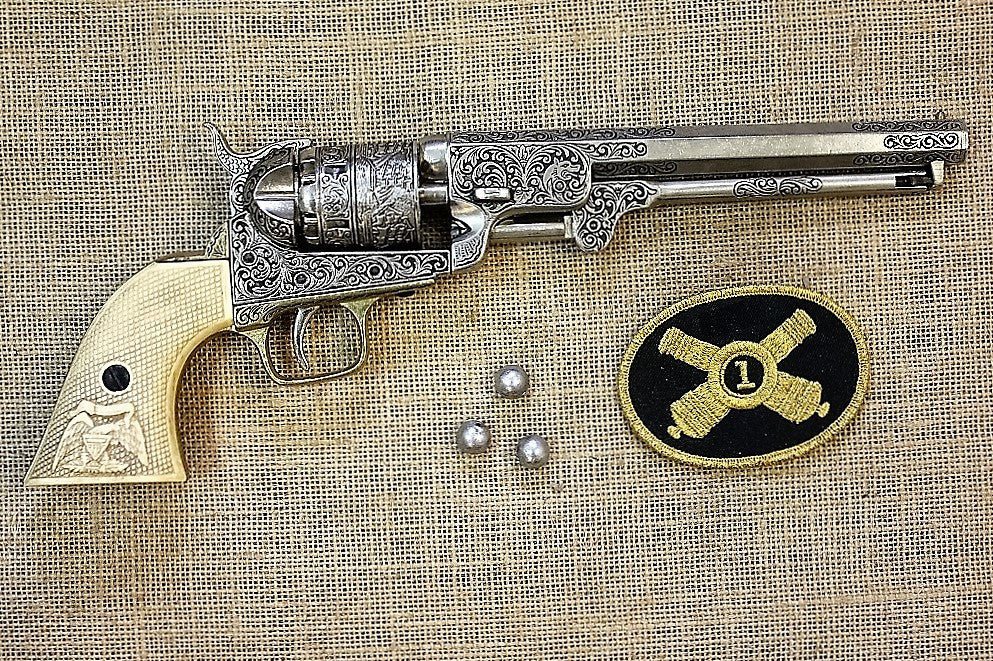 Engraved Colt 1851 Navy Replica Revolver (Ivory-Look Grips), with lead balls and an artillery patch