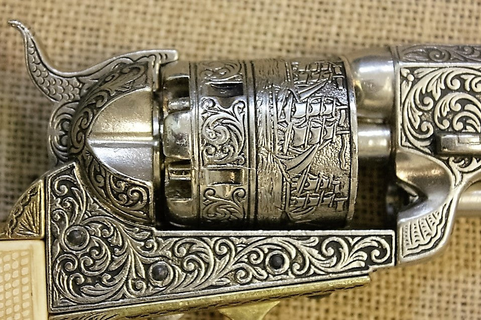 Engraved Colt 1851 Navy Replica Revolver (Ivory-Look Grips), engraved cylinder, close up