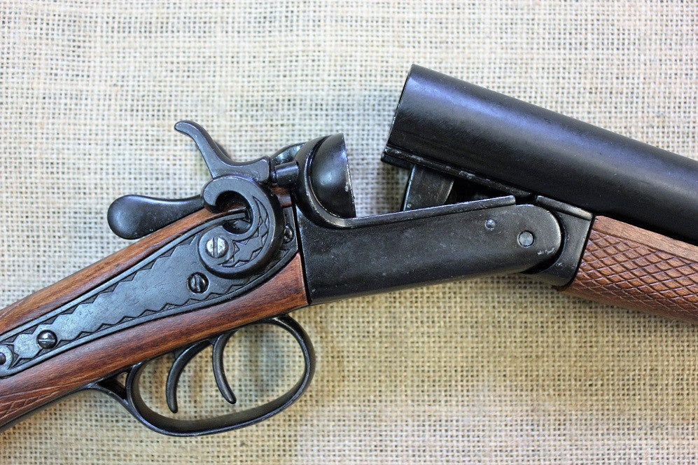 Double-Barrel Coach Gun Replica, USA 1868, breech open, close up