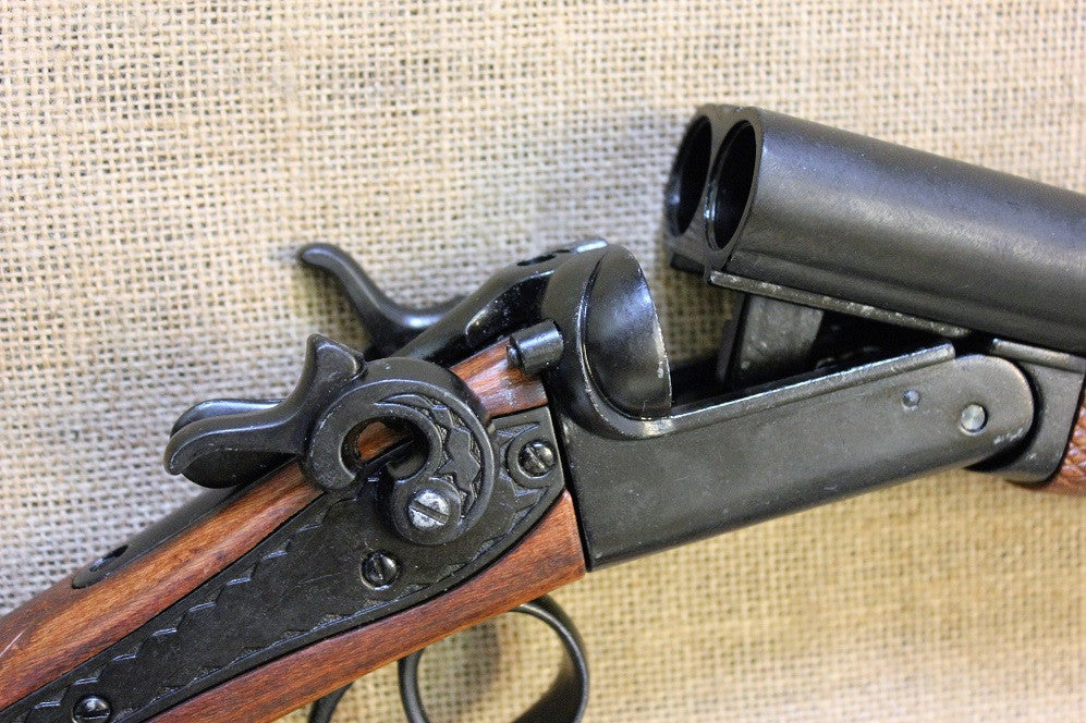 Double-Barrel Coach Gun Replica, USA 1868, breech open with the hammers