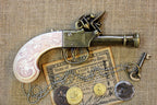 English Flintlock Pocket Pistol Replica (Bunney, 18th Century), side view with a Massachusetts-Bay banknote, coins and a key
