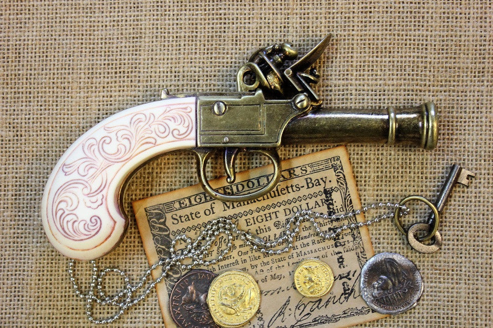 English Flintlock Pocket Pistol Replica (Bunney, 18th Century), side view with a Massachusetts-Bay banknote, coins and a key