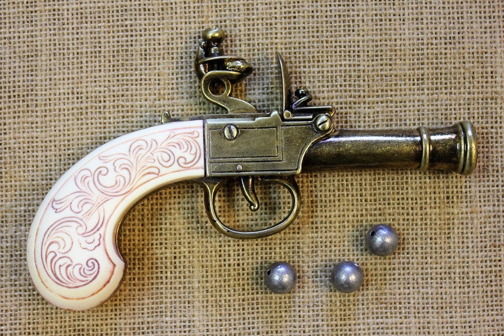 English Flintlock Pocket Pistol Replica (Bunney, 18th Century), side view with lead balls
