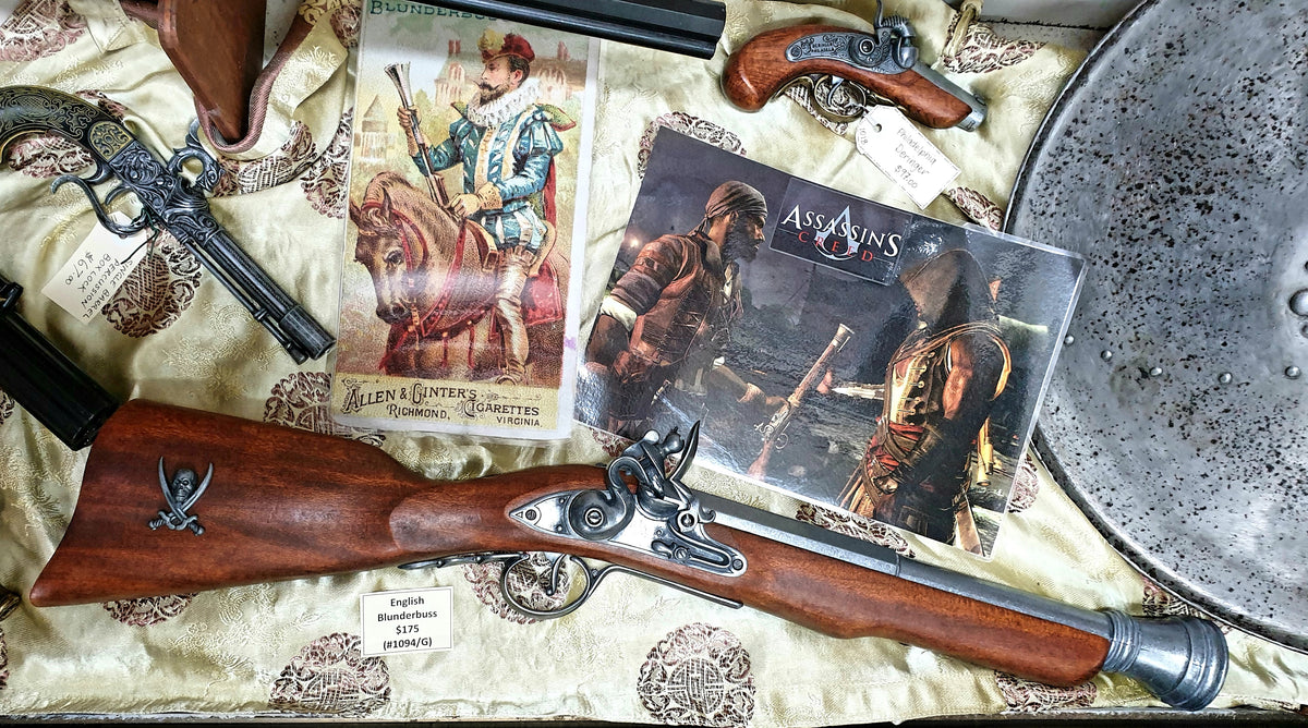 Flintlock Blunderbuss Replica, 18th Century (Pirate Style), in a pirate-themed display