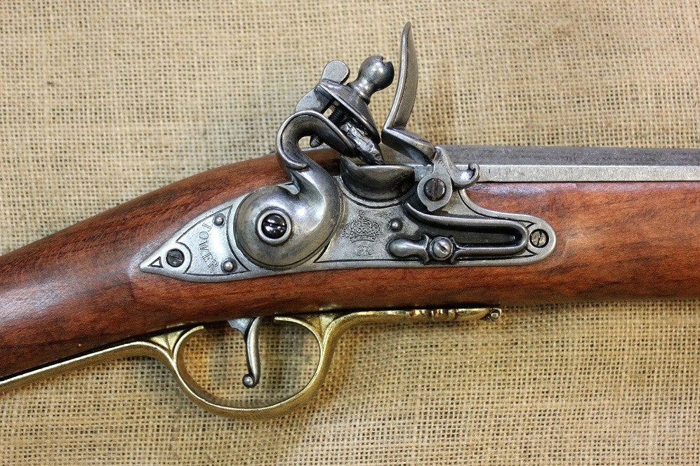 Brown Bess Musket Replica with Bayonet, lock marked Tower with a crown