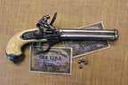 Italian Three-Barrel Flintlock Pistol Replica, 1680, side view with Italian lira banknotes and lead balls