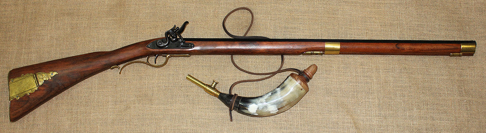 Kentucky Flintlock Rifle Replica, right side, full length with a powder horn