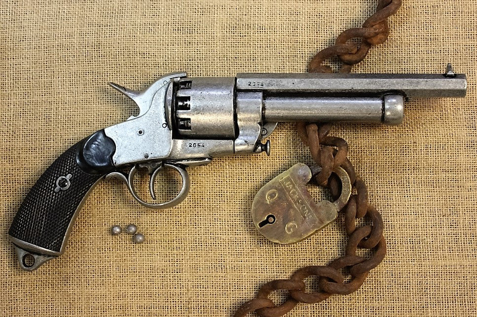 LeMat 9-Shot Revolver Replica, Civil War, right side with a chain and padlock
