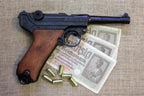 Luger P08 9mm Replica Pistol (Timber Grips), right side with banknote props