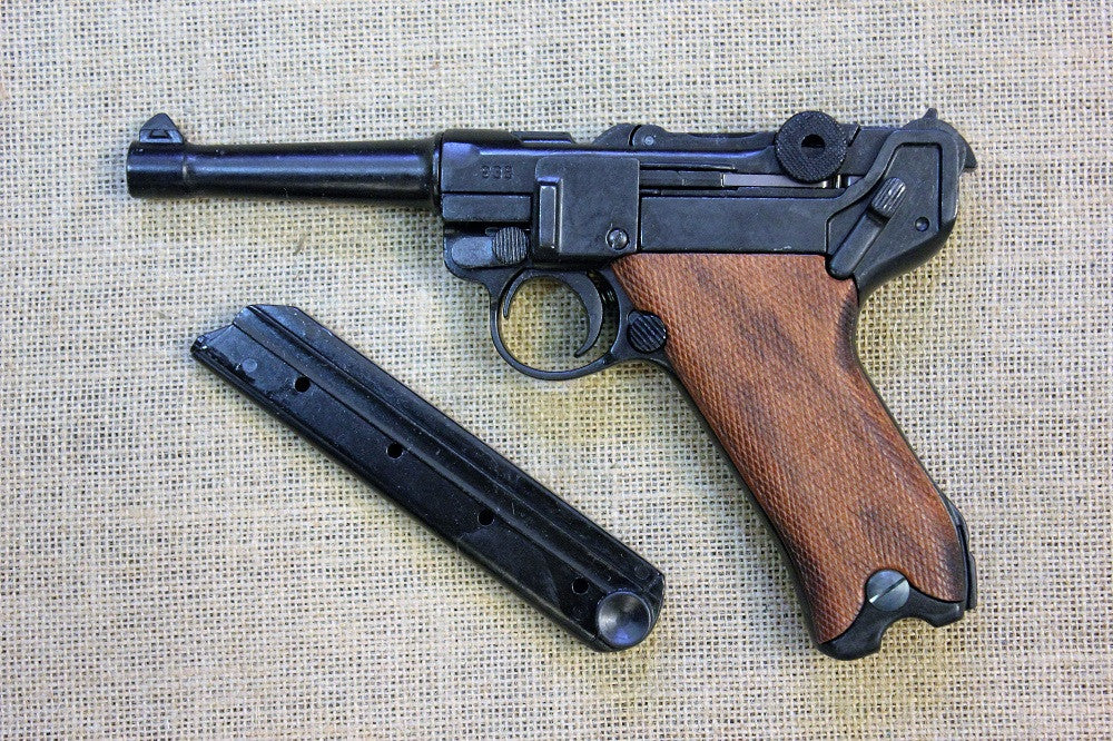 Luger P08 9mm Replica Pistol (Timber Grips), left side with the magazine out