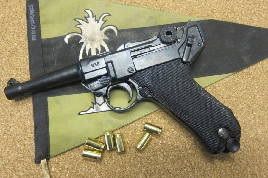 Luger P08 9mm Replica Pistol, left side with dummy rounds