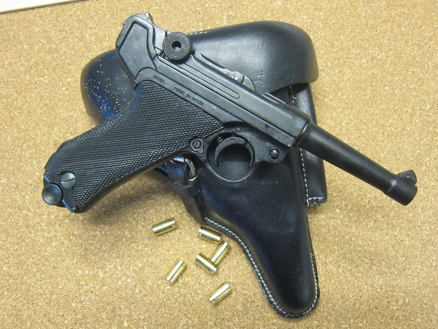 Luger P08 9mm Replica Pistol, right side with a holster