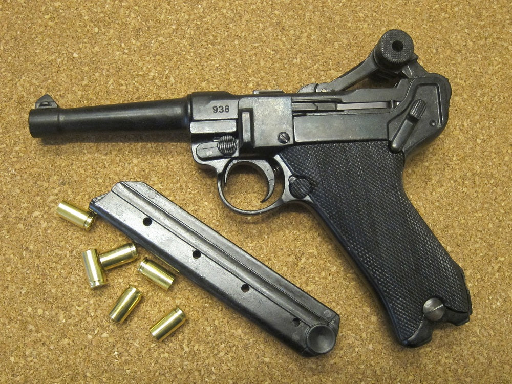 Luger P08 9mm Replica Pistol, left side with the magazine out