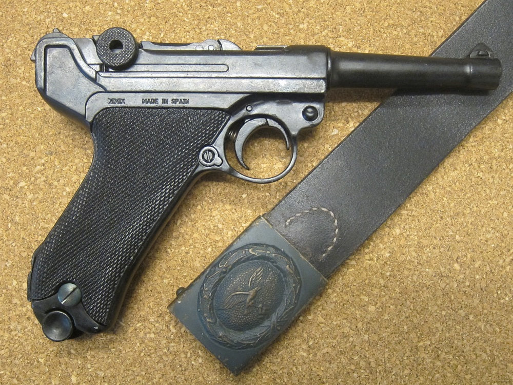 Luger P08 9mm Replica Pistol, right side with a belt