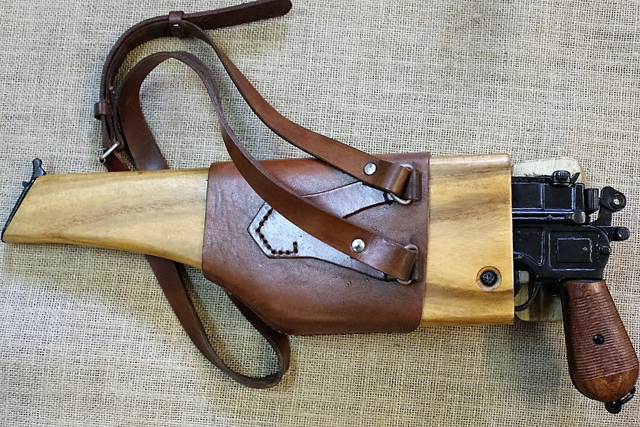 Mauser C96 'Broomhandle' Replica Pistol, in a wooden holster stock with a leather harness