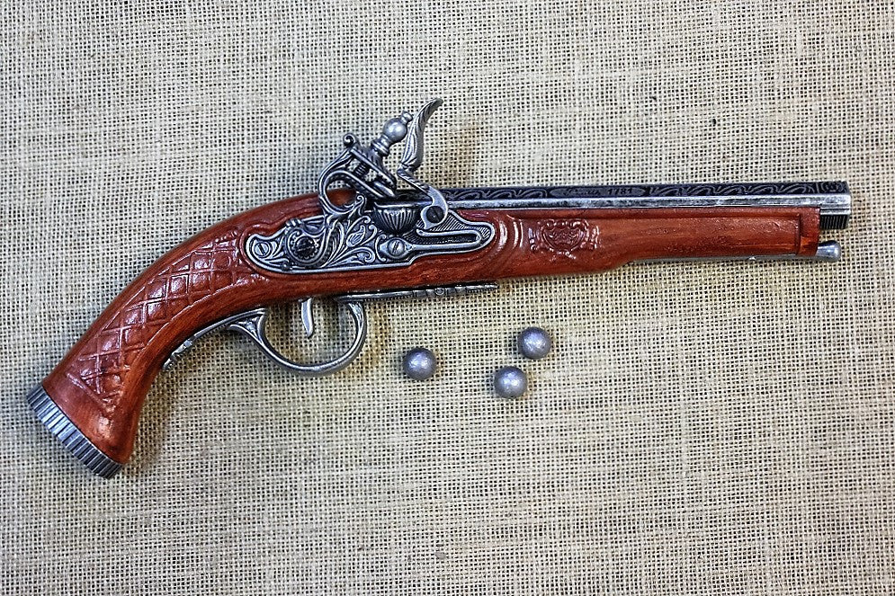 Paris Flintlock Pistol Replica, left side, close up